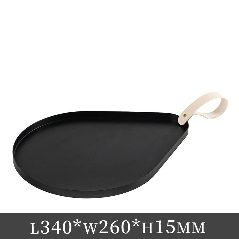Leather Handle Decorative Metal Oval Tray - Light Luxury Water Drop Design чёрный