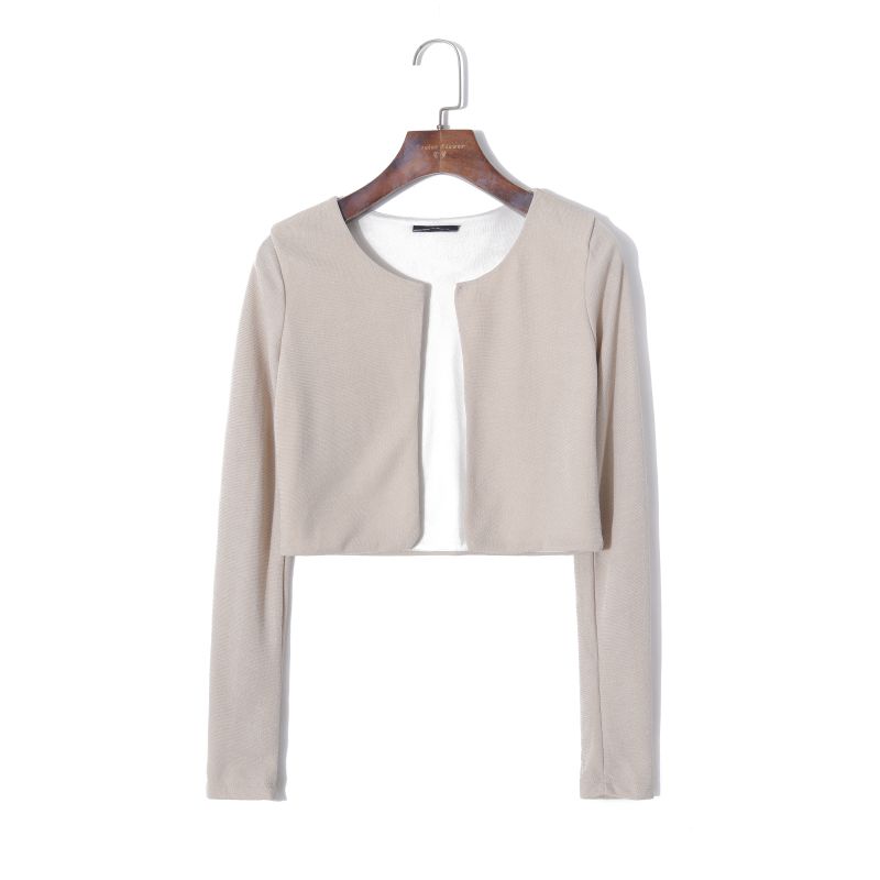 

Fresh Solid Color Shiner without Buckle Silm Short Cardigan Kakh XS