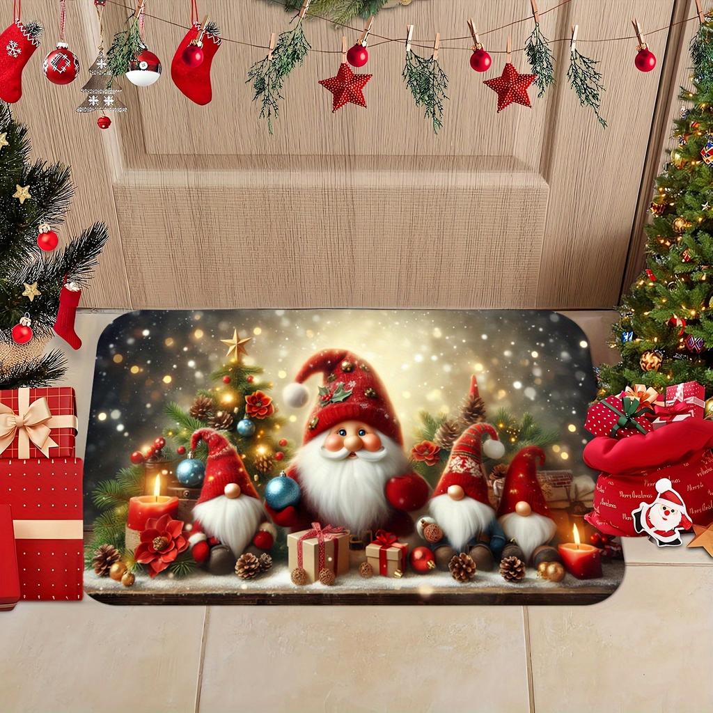 1pc Christmas‑Gnome‑Tree Print Welcome Doormat, Washable Indoor Floor Mat for Bathroom, Living Room, Bedroom, Kitchen, Office