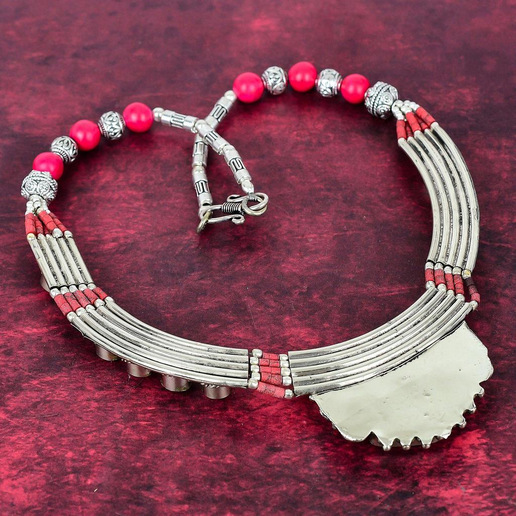 Coral Handmade Gemstone Nepali Necklace, 925 Solid Sterling Silver Antique Jewelry Adjustable Chain Necklace, For Engagement Gift