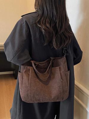 Bolsa Tote de Veludo Cotelê de Grande Capacidade Estilo Japonês 2025 - Bolsa de Mão Versátil para Estudantes, Uso de Ombro Único e Transversal