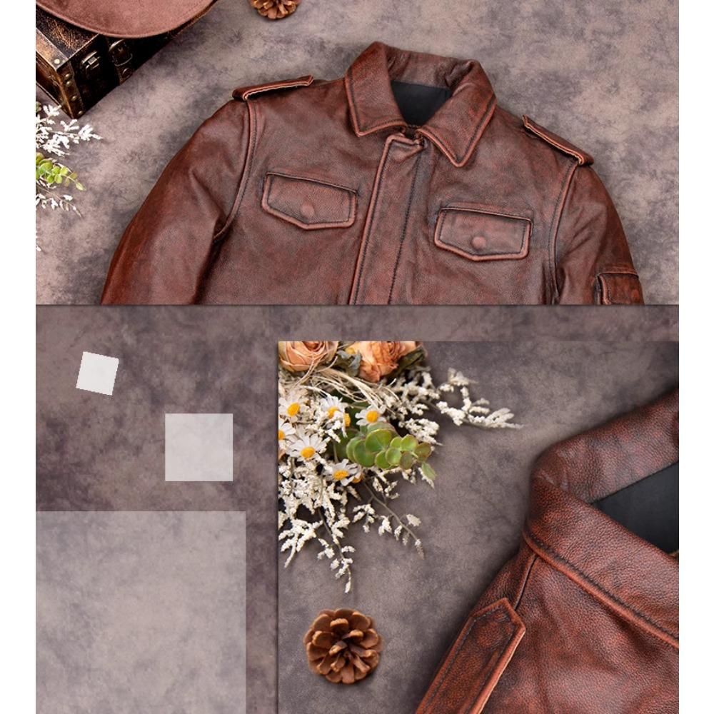 Chinese Size Brown Real Cowhide Hunting Leather Jacket Men Genuine Leather Coat Winter Pockets Jackets