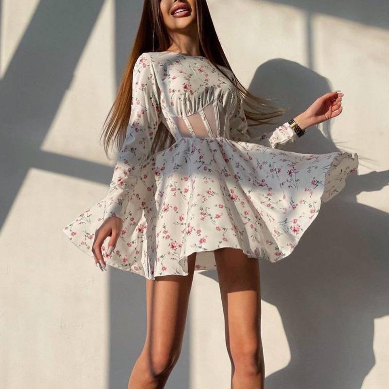 

Женское летнее платье с длинными рукавами и круглым вырезом с цветочным принтом, сексуальная сетчатая ажурная короткая юбка, ажурное лоскутное платье S белый
