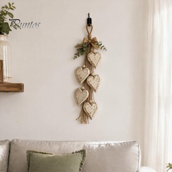 Decorative Living Room Art Farmhouse Hanging Heart Wall Decor with 5 Layer Wooden Hearts, Vintage Boho Wood Natural Accent Trinket Shelf for Bedroom,