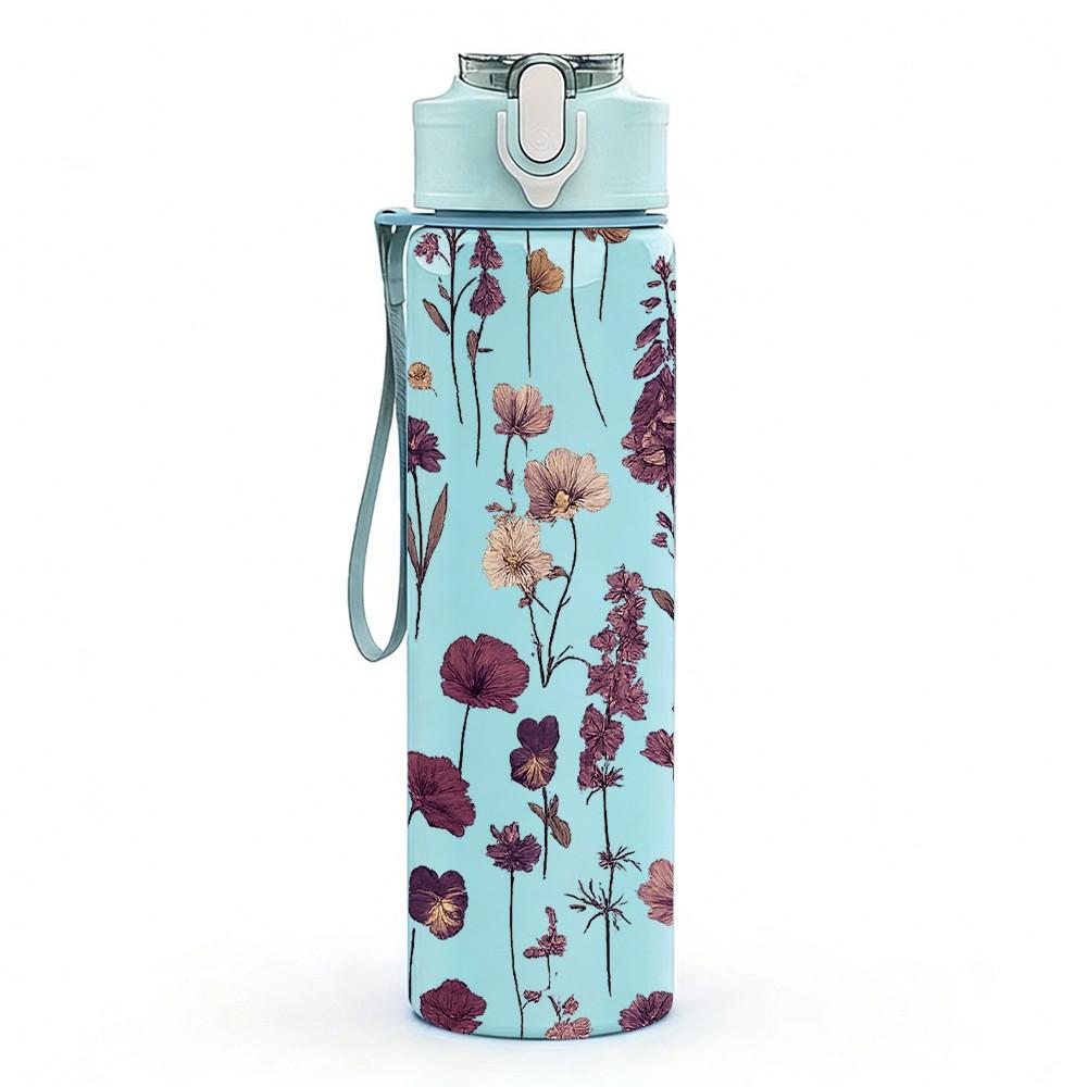 1PC Purple Lavender Floral Bouquet Print 750ml Color Plastic Sports Water Bottle Leakproof Flip Straw Lid Suitable for Sports Office Home Use