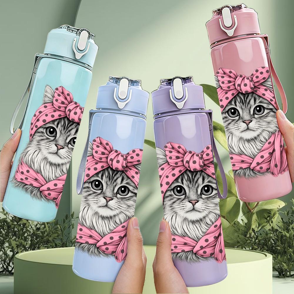 1PC Cute Kitty Wearing Pink Bow Print 750ml Color Plastic Sports Water Bottle Leakproof Flip Straw Lid Suitable for Sports Office Home Use