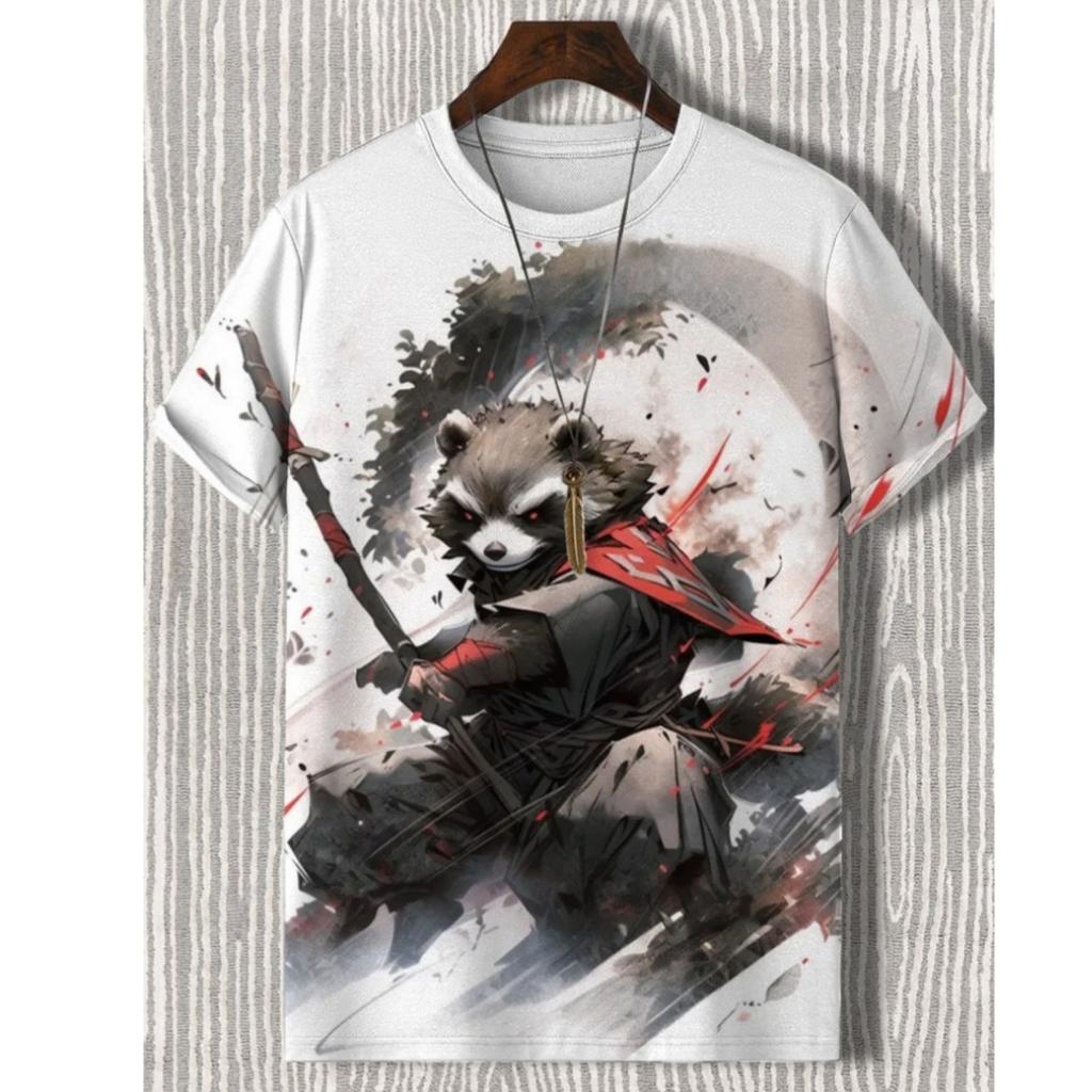 Men's T-Shirt Japanese Style Samurai Cat Graphic 3D Printed T-Shirt Casual Short Sleeved Tee Outdoor Oversized Men Clothing Tops