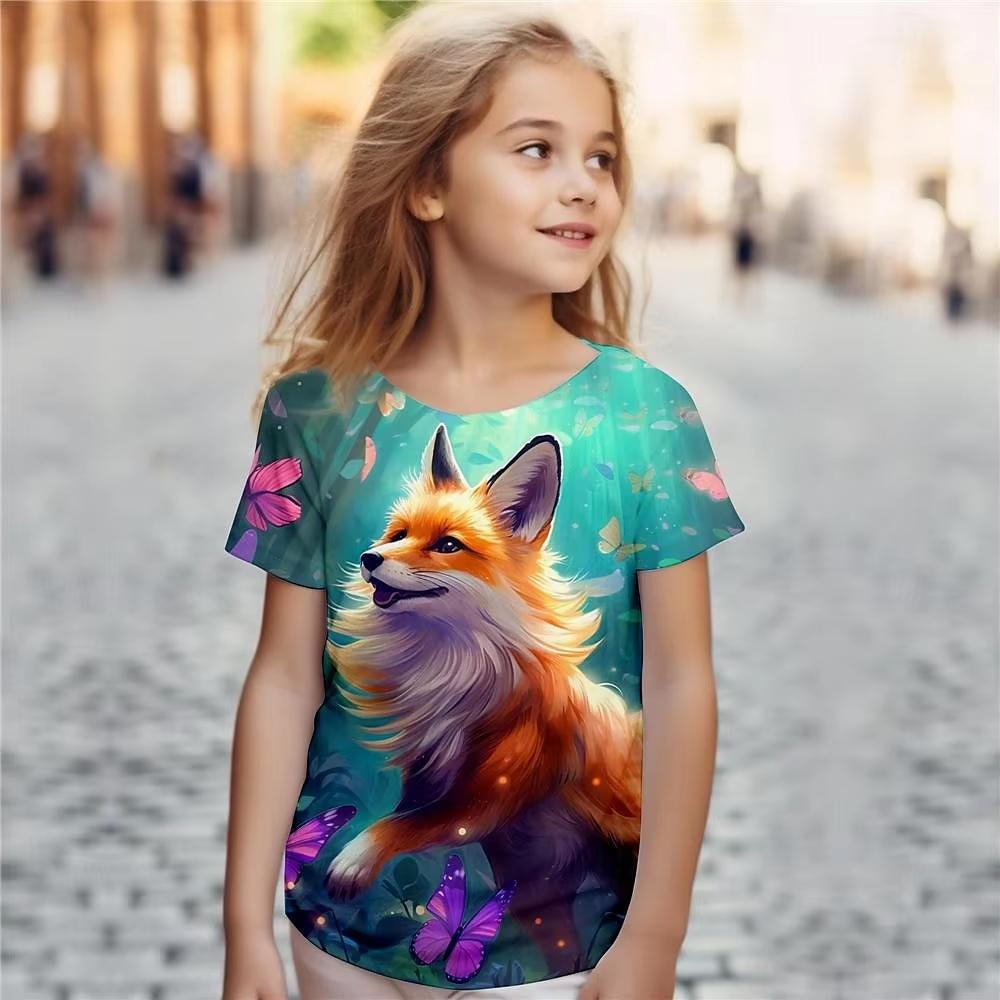Female Child Clothes Print Animal Fox Cartoon Crew Neck Short Sleeves Graphic T Shirts Summer Fashions Outdoor T-Shirt for Girls