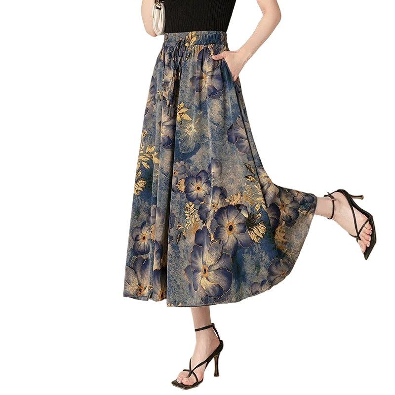 Women's 2026 Summer High-Waisted Wide-Leg Pants Skirt - Breathable, Printed, Slimming, Loose-Fit, Nine-Point Length