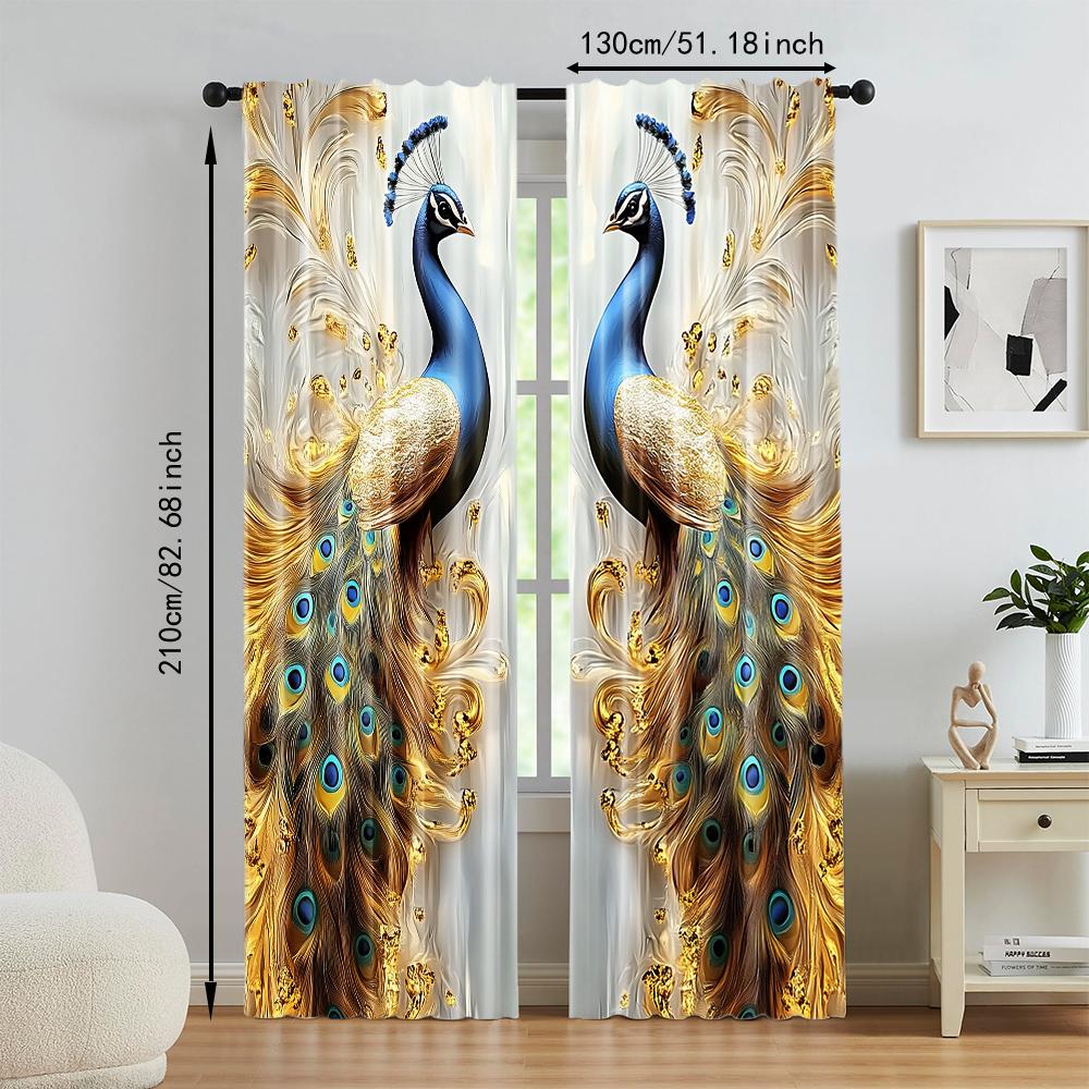 2Pcs Golden Feather Peacock Printed Window Curtains Elegance To Your Home With Luxurious Design And Vibrant Colors Machine