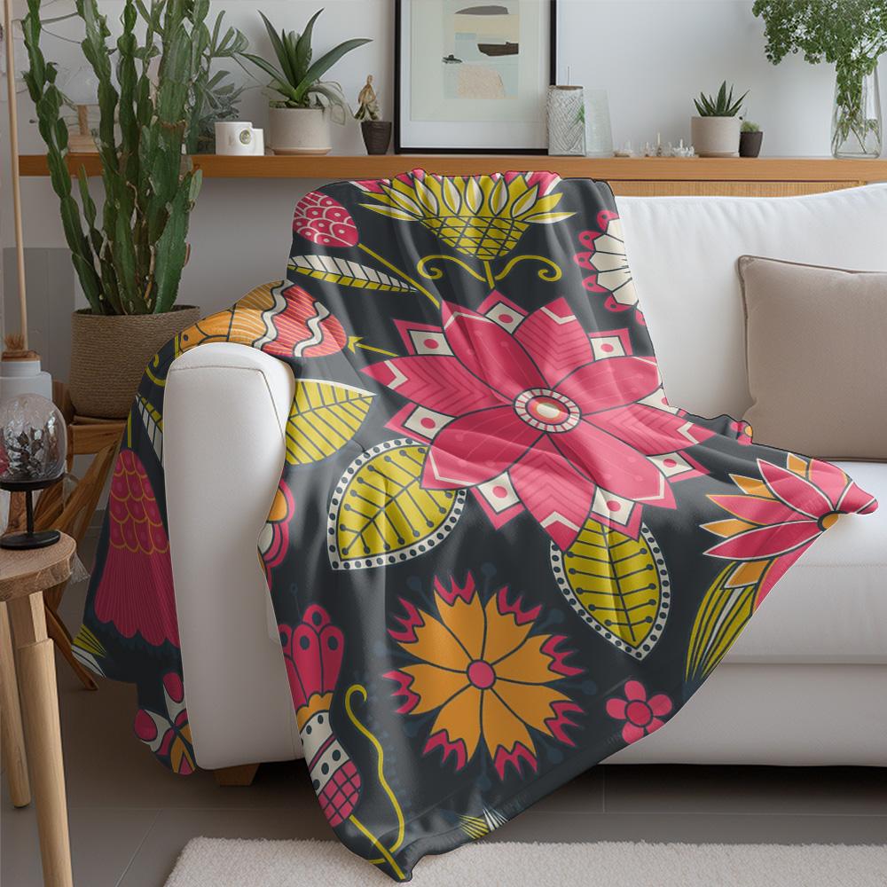 Vibrant Floral Patterned Fleece Blanket Colorful Geometric Design Throw Blanket Decorative Bed Blanket For Women Gift