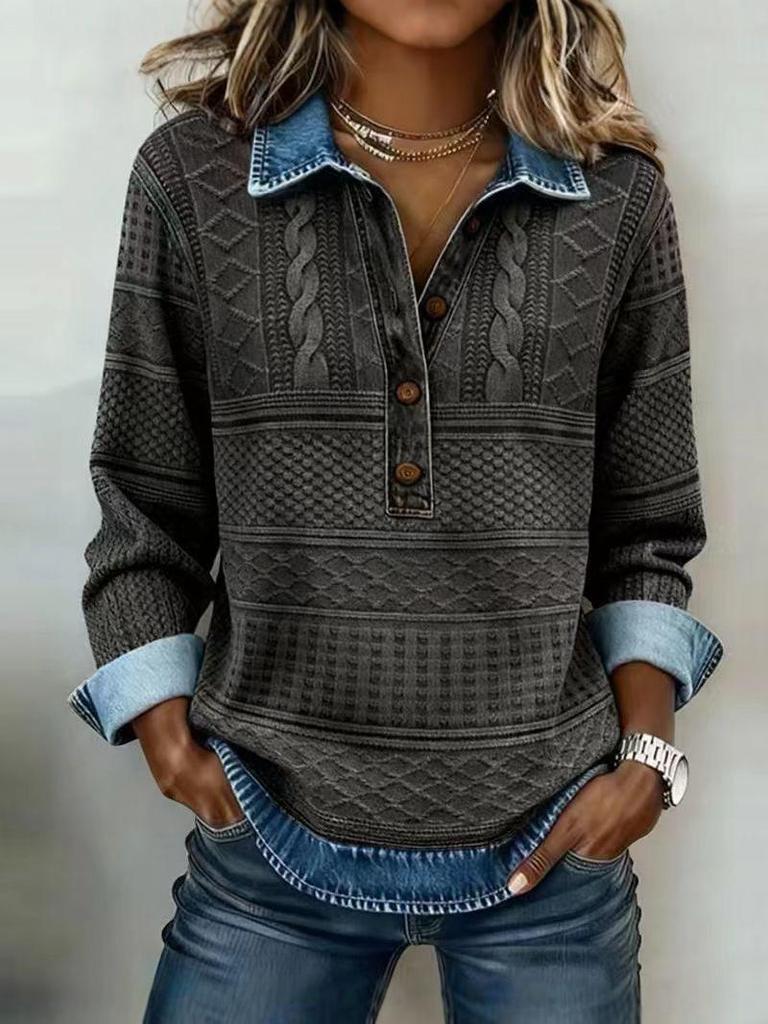 2025 European Style Knit Lapel Long Sleeve Women's Shirt: Autumn Winter Versatile Casual with Patchwork Denim