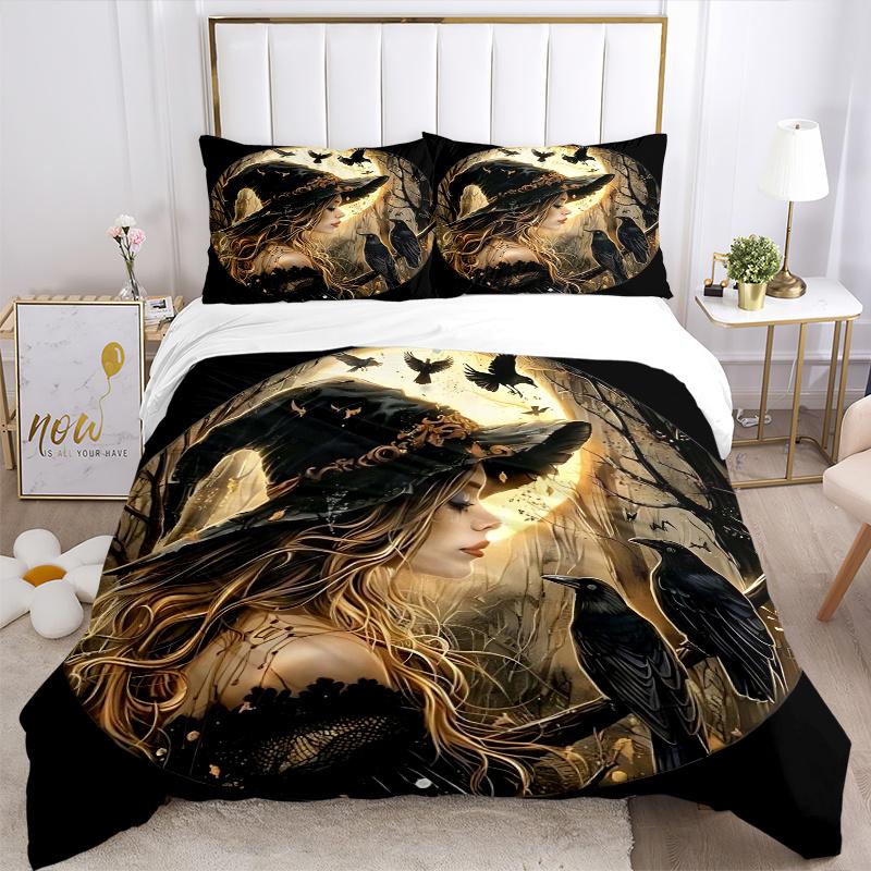 3pcs Witch's Moonlit Journey Bedding Set - Includes Quilt Cover and Pillowcases, Suitable for All Seasons,