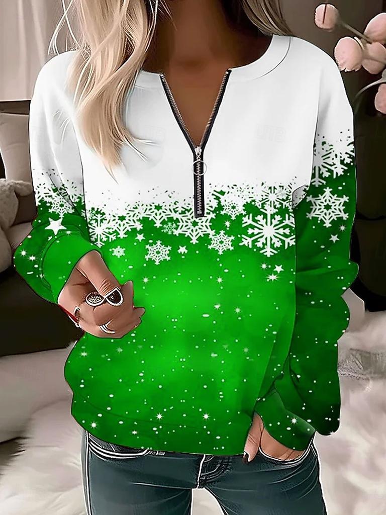 Women's Pullover Sweatshirt Zip Up Sweatshirts Graphic Snowflake Fashion Casual Long Sleeve Crew Neck Regular Tops Street