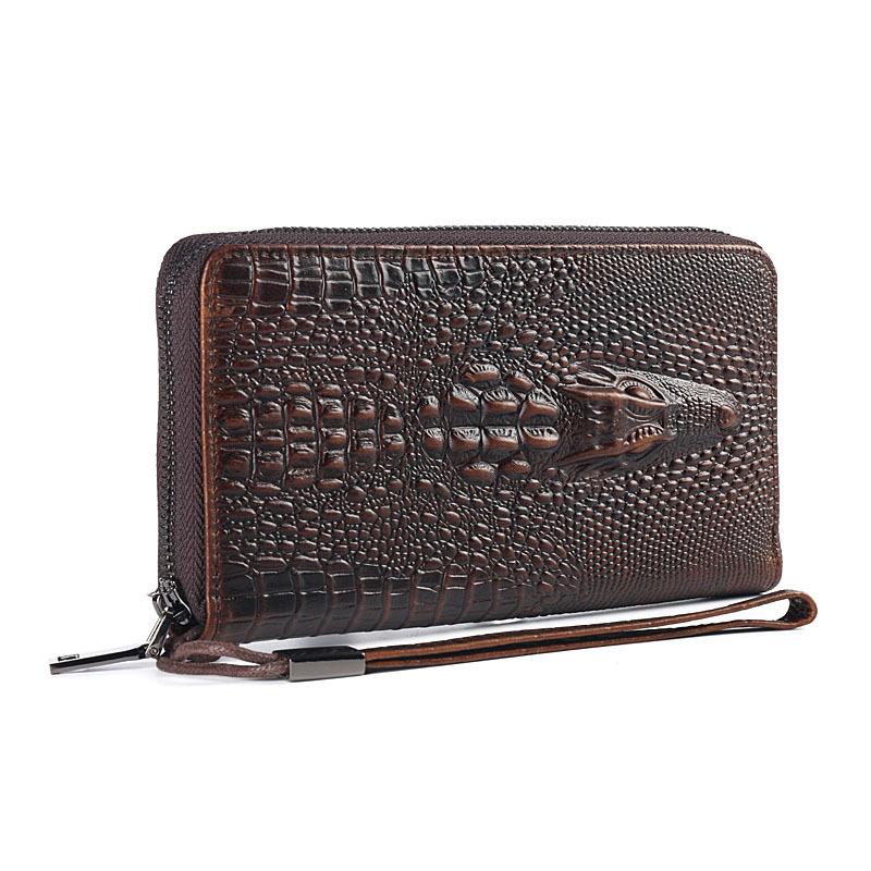 Herren Geldbörse Lang Reißverschluss Handtasche Echtes Leder Geprägtes Krokodilmuster Silberne Tasche Rindsleder Business Herren Handtasche
