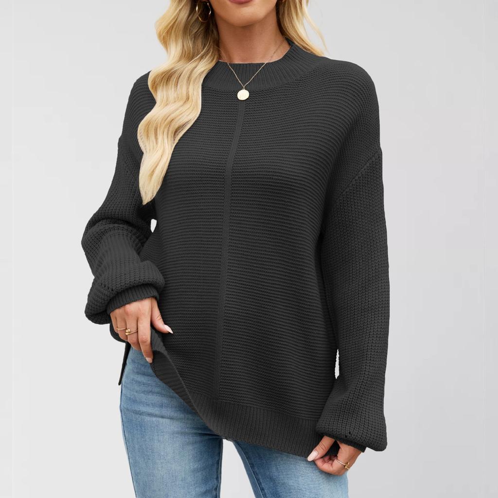 Women's Round Neck Long Sleeve Casual Loose Knit Solid Color Soft Pullover Sweater Top