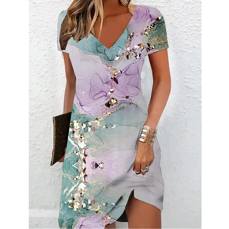 Women Short Sleeve V-Neck A-Line Dress Marble Pattern 3D Print Dress 2025 New Oversizd Casual Elegant Female Mini Dress Vestidos