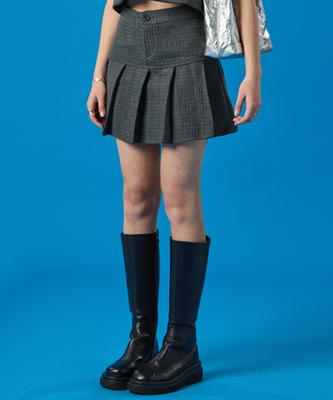 Collet Tweed Pleated Flare Mini Skirt [Gray]