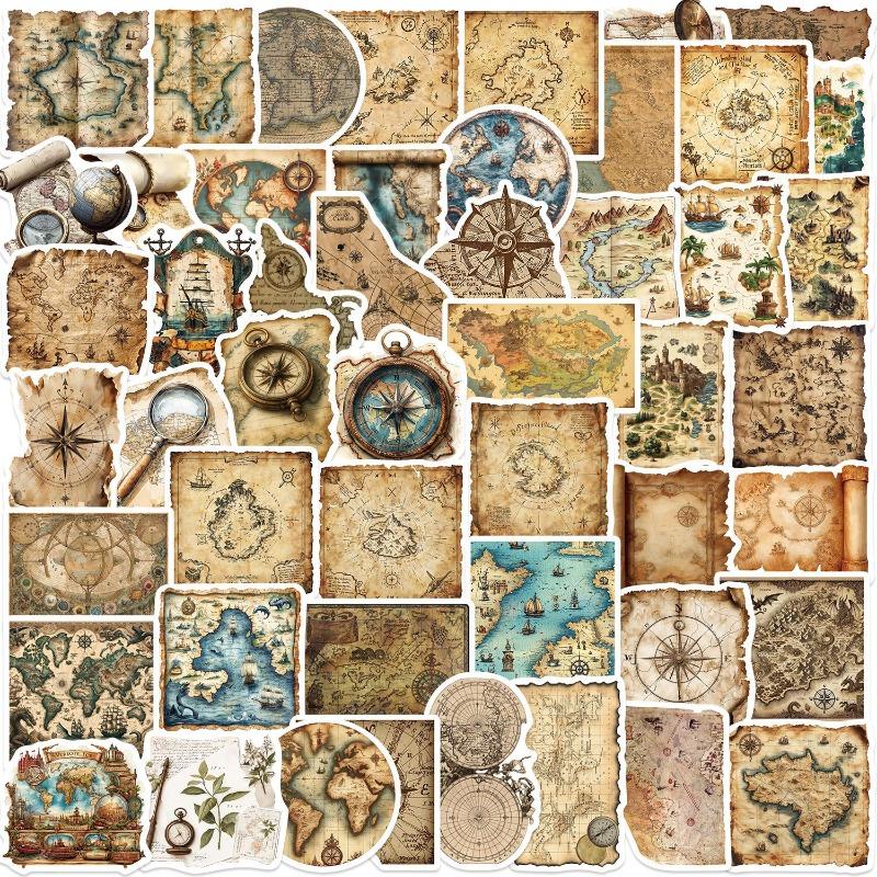 50 Pieces of Cartoon Retro World Map Travel Aesthetic Stickers for Decorating Notebooks, Mobile Phones and Water Bottles - Waterproof Stickers