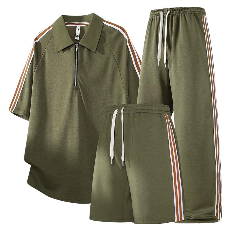 

Half-link Striped Polo Shirt Sports Suit Casual Pants Three-piece Set T-shirt Men s Quarter Pants Trousers 2XL армия зеленый