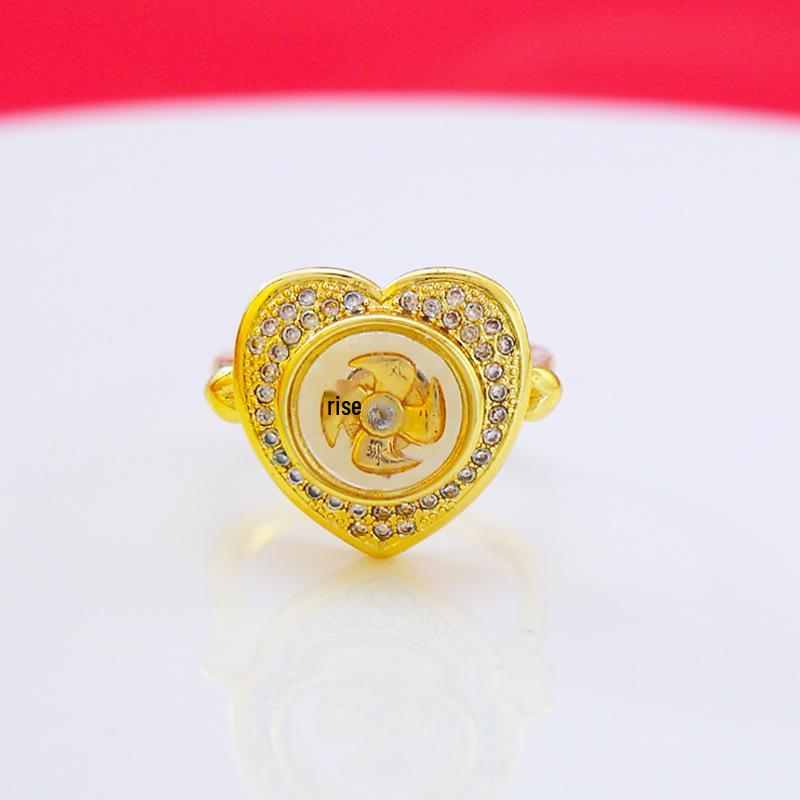 Southeast Asian Windmill Zircon Ring: Rotatable Heart Design with Inlaid Diamonds for Women