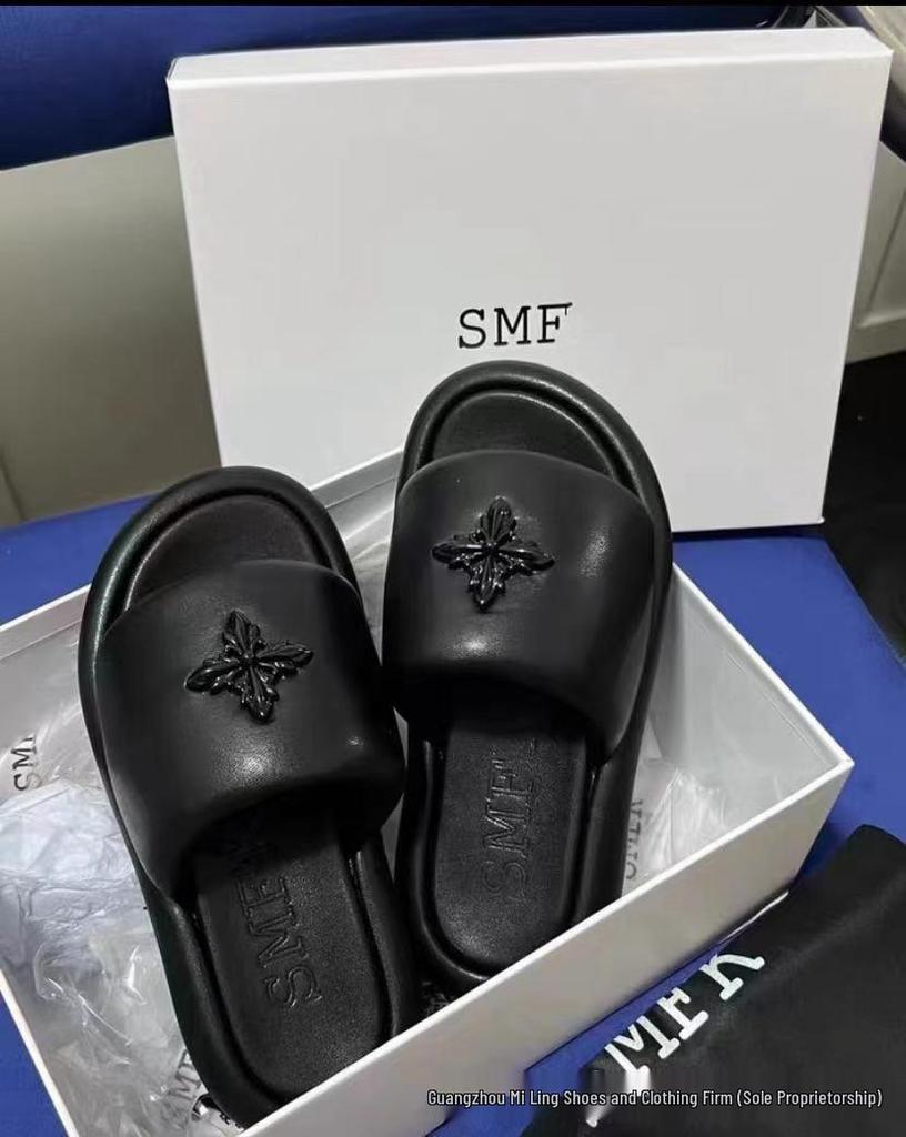 2024 High-Version SMF-K Fur Slippers: Thick-Soled Leather & Velvet Cross Design in Black/Gray