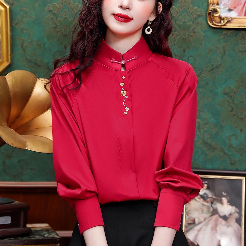 

Новые красные топы в китайском стиле для женщин с длинными рукавами, весенние новые вышитые рубашки в китайском стиле, костюм Тан, рубашка со стоячим воротником L красный