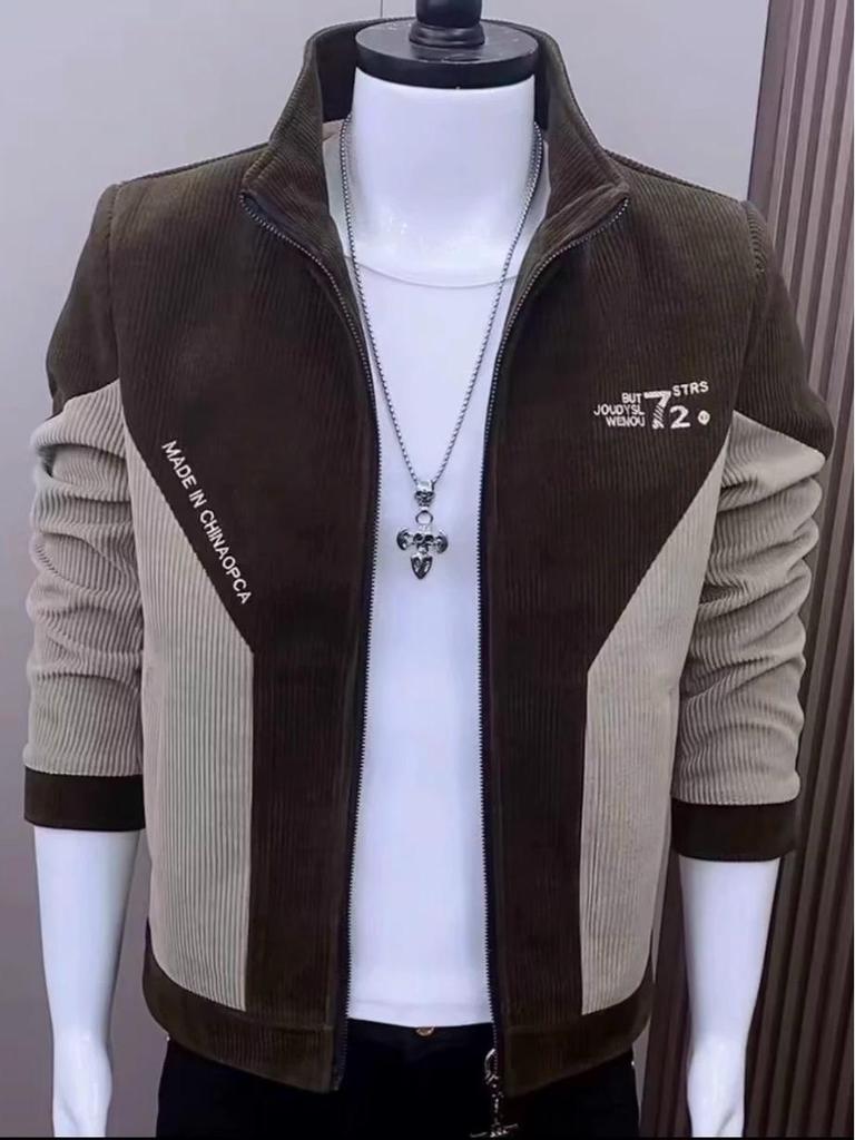 Men's Trendy Patchwork Corduroy Jacket with Stand-Up Collar - Slim Fit Spring/Autumn 2025 Edition