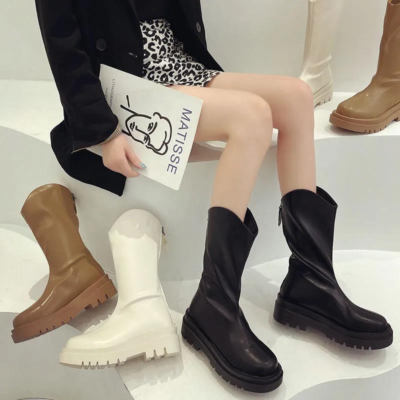 2021 autumn and winter new velvet black medium tube Martin boots women's British style thick-soled fashion versatile thin boots short boots