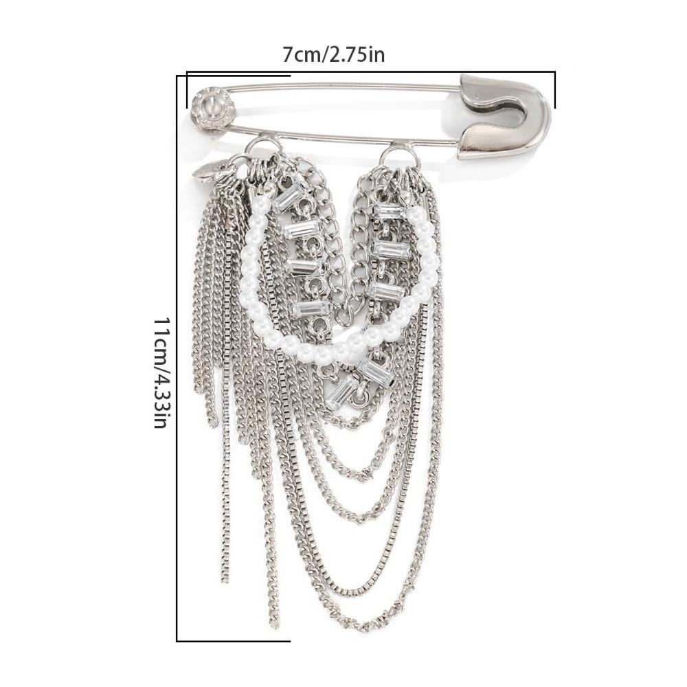 Imitation Pearl Accents Safety Pin Chain Brooch Punk Style Suit Accessory Fashion Runway Styling