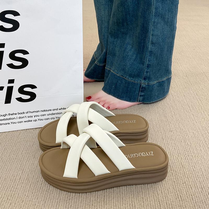 Fashion CRLAYDK Fashion Sandals for Women Cross Straps Slip On PU Leather Slides Ladies Casual Footwear Summer Flat Beach Slippers