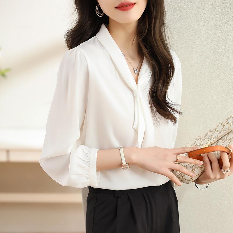Brand Women's High-End White Silk Long Sleeve Shirt - Stylish Summer 2025 Formal Fashion