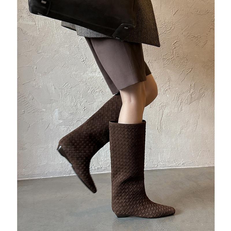 2CM Korean Version Fashion Woven Tall Boots 2025 Autumn and Winter New Square Head Flat Bottom Sleeve Loose Knight Boots