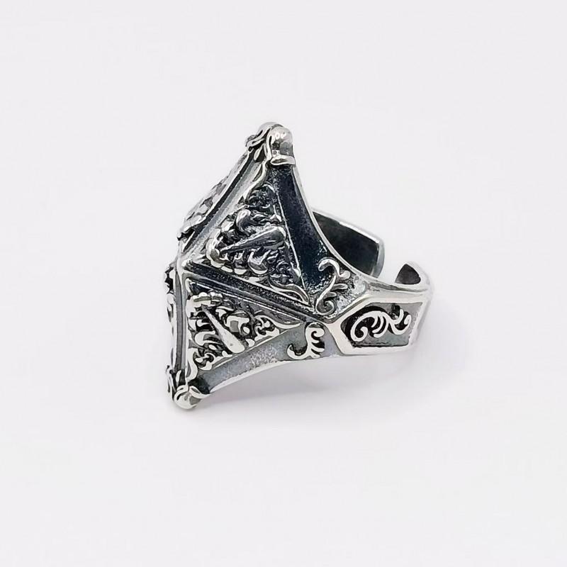 Adjustable Open Ring Men Women Vintage Geometric Pyramid Design Oxidized Brass With Gold Plating Retro Chic Jewelry