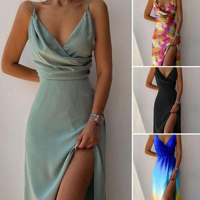 Cross Wrap V-neck Split Hem Lady Dress Summer Floral Print Sling Midi Dress for Daily Wear