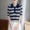 Embroidered Wide Striped Lapel Knitted Short-sleeved Base Shirt A New Summer Top