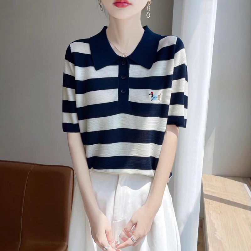 Embroidered Wide Striped Lapel Knitted Short-sleeved Base Shirt A New Summer Top