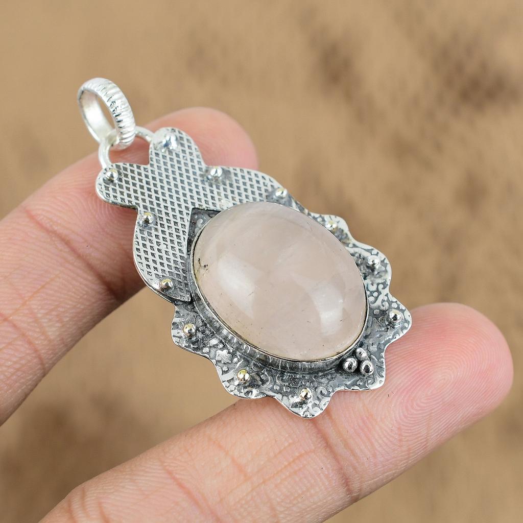 Natural Rose Quartz Gemstone Pendant Handmade 925 Sterling Silver Indian Jewelry