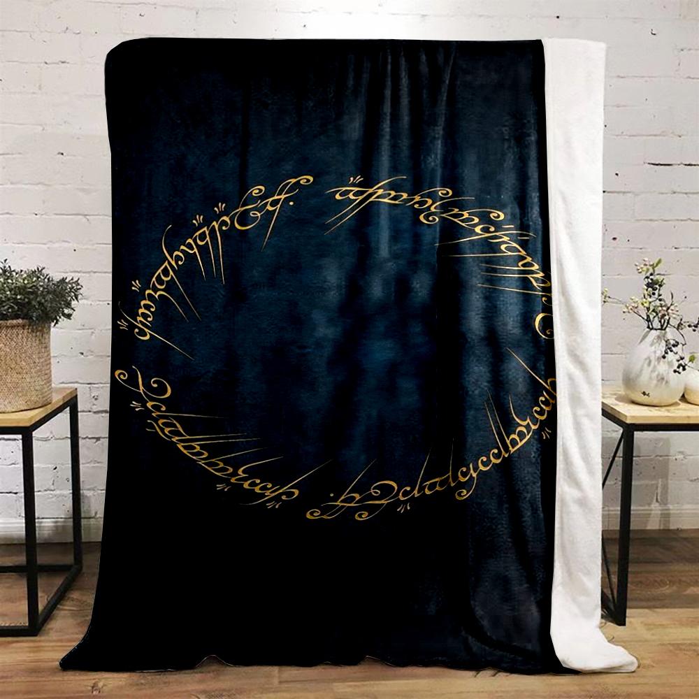 Golden Elvish Script Ring Design on Dark Blue Background Flannel blanket for bedroom, living room, sofa, and nap.