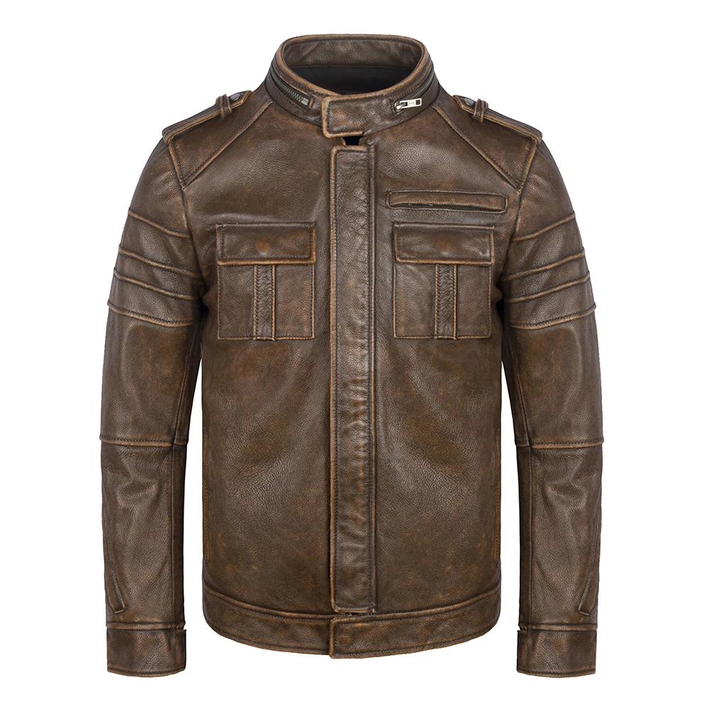 Vintage Genuine Leather Jacket Men Cowhide Yellow Brown Natural Cow Leather Jackets Man Leather Coat Autumn Clothing