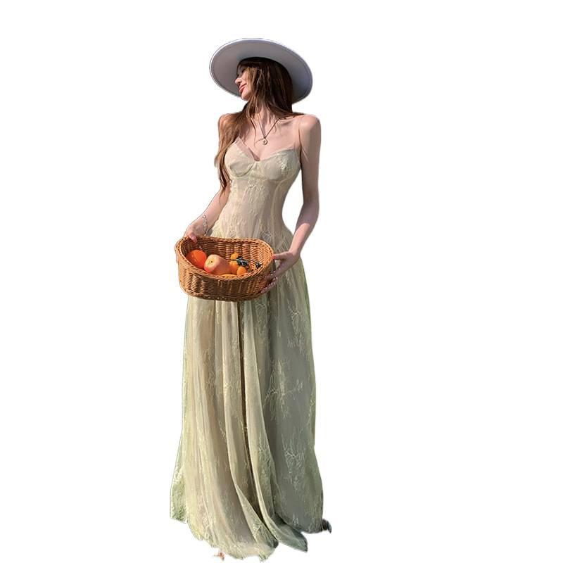 Heavy industry French lace jacquard mesh waist suspender long dress pleated large skirt seaside vacation dress