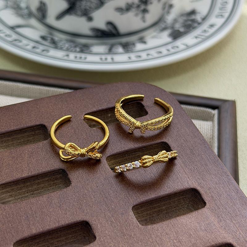 Medieval Vintage Micro-Inlaid Zircon Bow Open Ring Women'S Retro Light Luxury Niche High-End Index Finger Ring