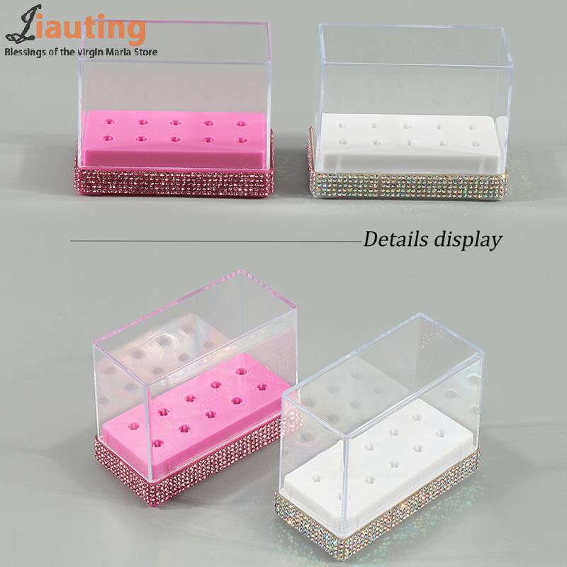 Držák na nástroje pro nail art 10 otvorů s umělým třpytivým diamantem Úložný box na brusné bity na nehty Organizér pouzdro na lešticí a brusné hlavičky na nehty