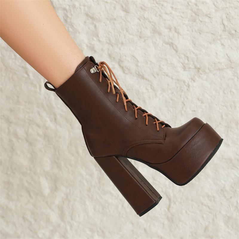 Platform Ankle Boots For Women White Black Punk Gothic High Heels Motorcycle Boots Lace-up Autumn Winter Shoes Female Waterproof