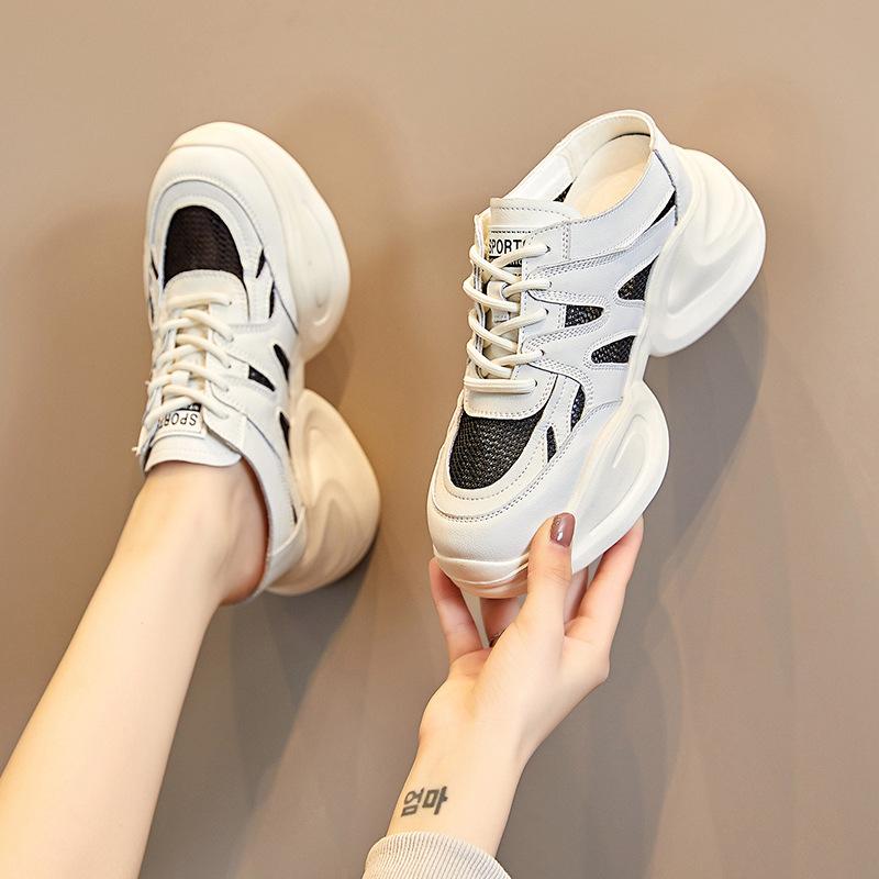 Leather thick-soled bag head slippers women's spring and summer new height increase 8CM comfortable versatile breathable sandals lace-up single shoe