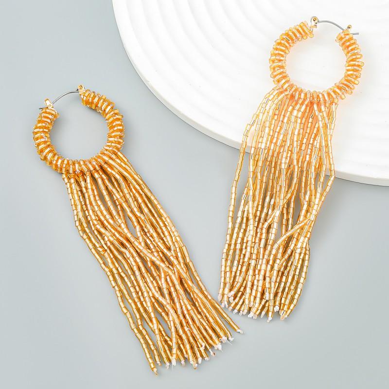 Boho Chic Long Tassel Earrings Women Handwoven Glass Tube Pendant With Geometric Design Yellow Blue