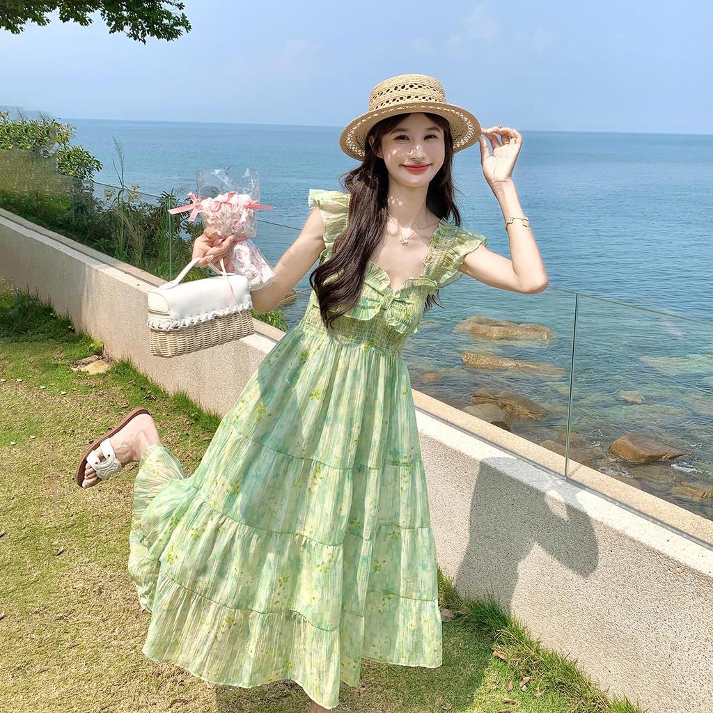 Women Green Floral Maxi Dress, Ruffle Sleeve Tiered Vacation Dress