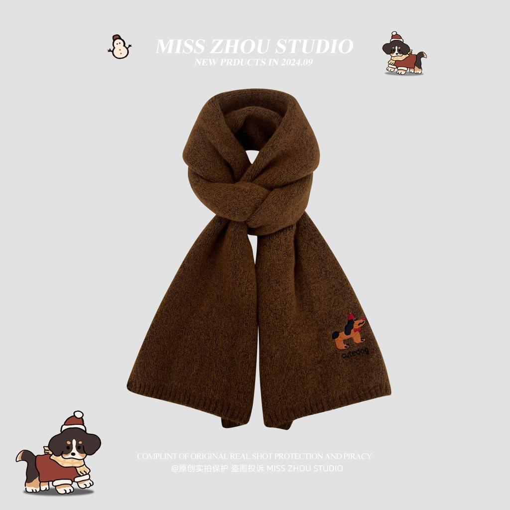 Japanese cute puppy embroidered knitted scarf autumn and winter warm and cold-proof fashion versatile high-end scarf student