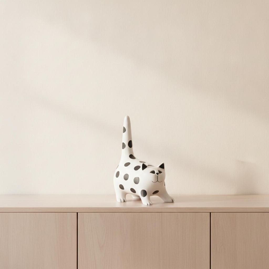 Cat Figurine Polka Dot Statue Decor Resin Cute for Tabletop, Bookshelf