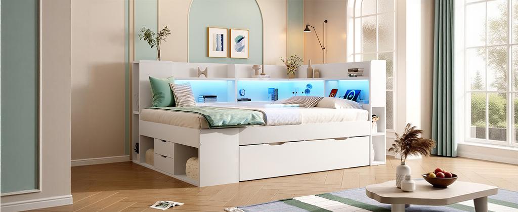 Daybed 140x200 cm Bianco Letto Singolo/Doppio per Ospiti, Base in Legno, Illuminazione a LED, Ricarica USB e Type-C, Mensole e Cassetti, incl.. Struttura a doghe (Con Materasso)
